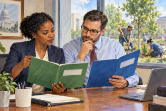 Agency staff compare program and funding folders with work visible outside.