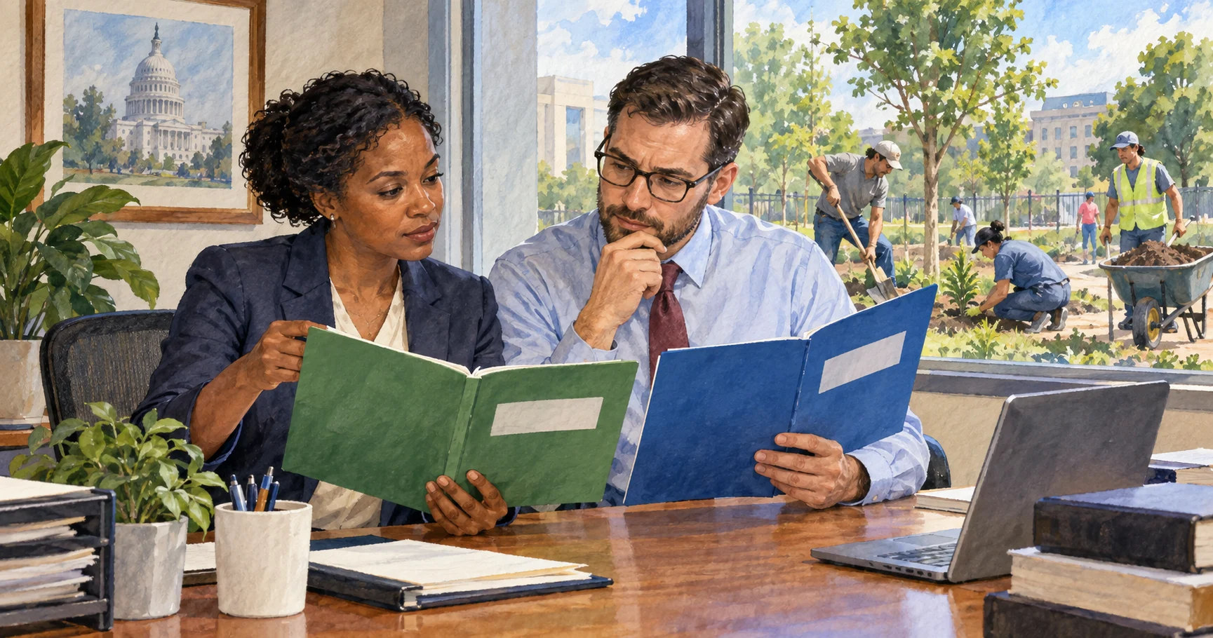 Agency staff compare program and funding folders with work visible outside.