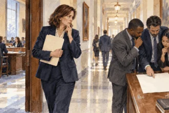 Conceptual painting of a lawmaker considering two routes for a bill.