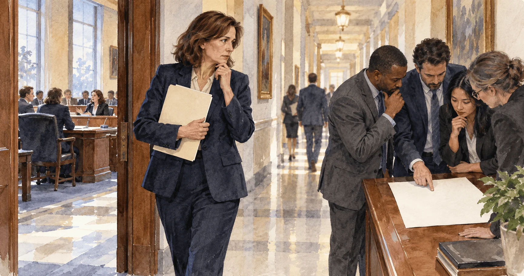 Conceptual painting of a lawmaker considering two routes for a bill.