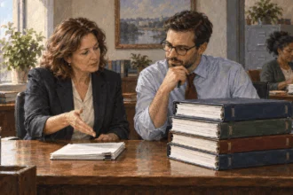 Budget staff compare a short temporary packet with full-year funding binders.