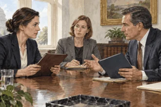 Conceptual painting of two government lawyers discussing separate closed folders across a table.