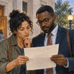 Conceptual painting of a resident discussing a government notice with a civil-rights lawyer.