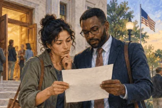 Conceptual painting of a resident discussing a government notice with a civil-rights lawyer.