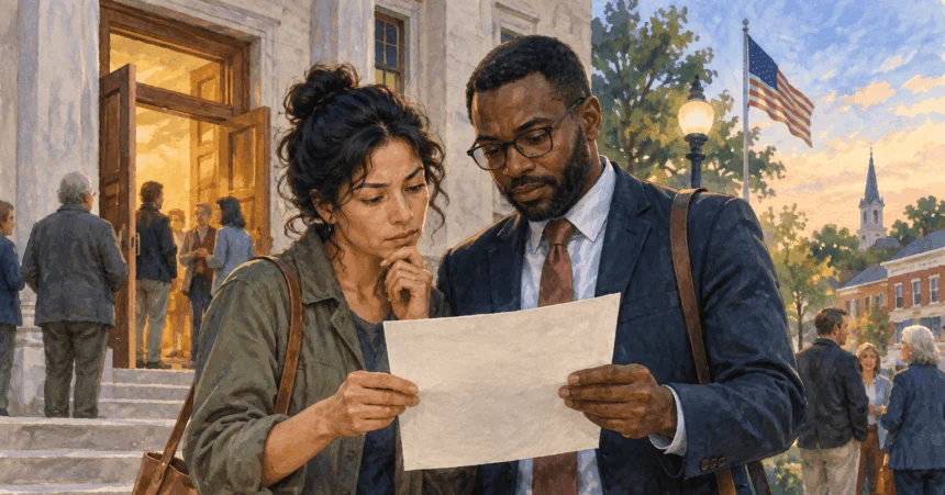 Conceptual painting of a resident discussing a government notice with a civil-rights lawyer.