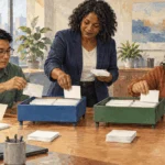 Painted illustration of workplace trainer and attendees sort blank cards into two supported trays.