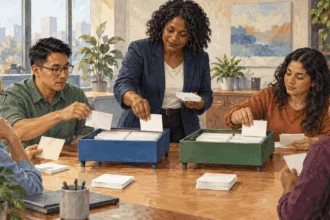 Painted illustration of workplace trainer and attendees sort blank cards into two supported trays.