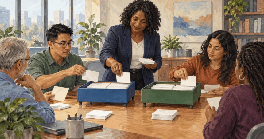 Painted illustration of workplace trainer and attendees sort blank cards into two supported trays.