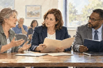 Conceptual painting of a resident asking different levels of government about a public issue.