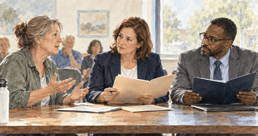 Conceptual painting of a resident asking different levels of government about a public issue.