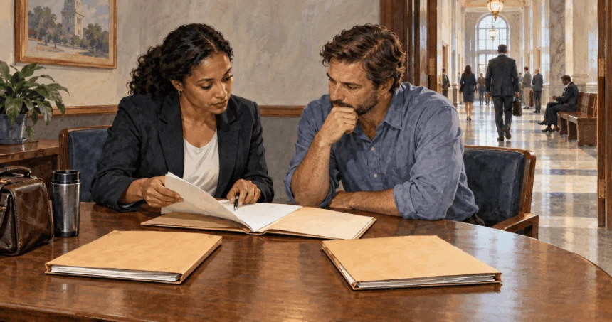 A litigant and attorney review case folders before filing.