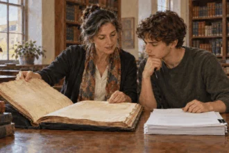 A teacher and student compare a foundational charter with statute pages.