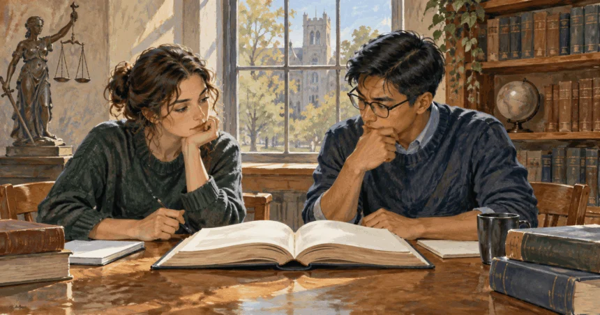 Conceptual painting of two law students discussing an open book in a library.