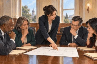 Conceptual painting of state lawmakers reviewing a building-safety proposal.