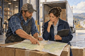 A shipper and official examine a route between states.