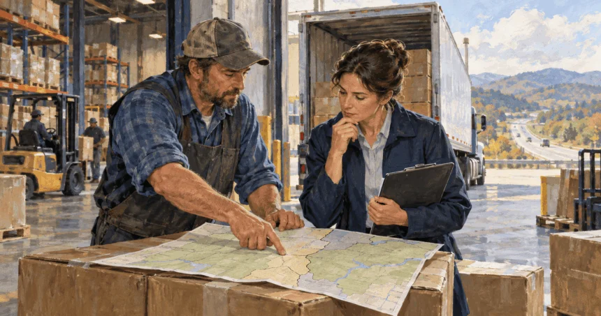 A shipper and official examine a route between states.