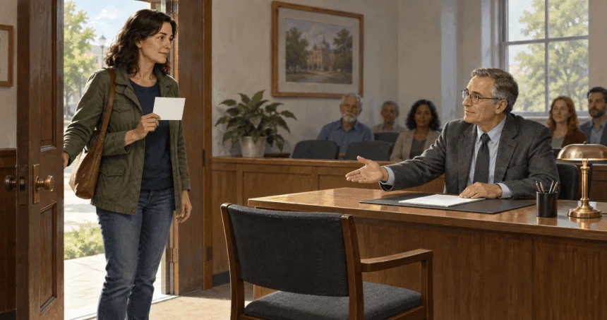 Painted scene of a resident being invited into an administrative hearing after receiving notice.