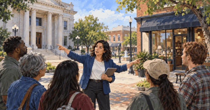 Conceptual painting of an educator explaining government and private settings to residents.