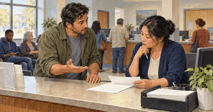Painted illustration of a resident seeking clarification about a rule at a public counter.