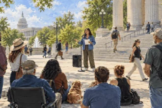 Painted speaker addressing a small audience in a public plaza near government buildings.