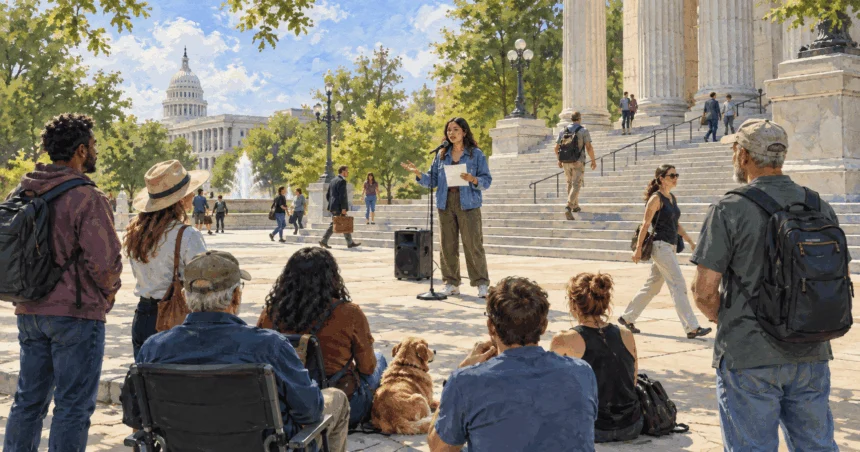 Painted speaker addressing a small audience in a public plaza near government buildings.