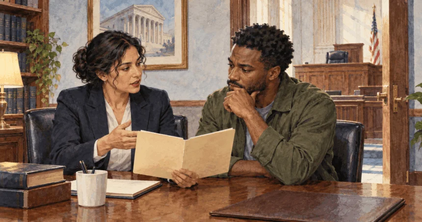 Rights attorney explains a legal challenge to a citizen before a hearing.