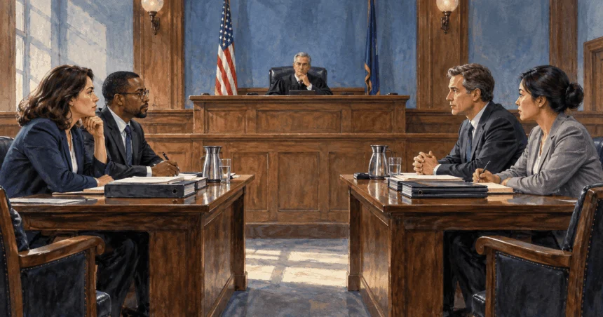 Painted illustration of two sides seated across a courtroom with a judge at the bench.