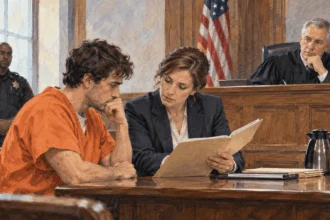 Lawyer showing a defendant a charging folder at arraignment.