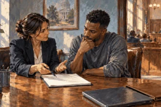 A lawyer and client discuss papers outside a courtroom.