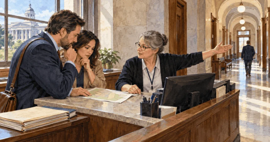 Conceptual watercolor of an attorney and client discussing a court location with a clerk.