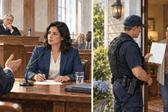 Conceptual painting contrasting a witness summons with an officer presenting court authorization.