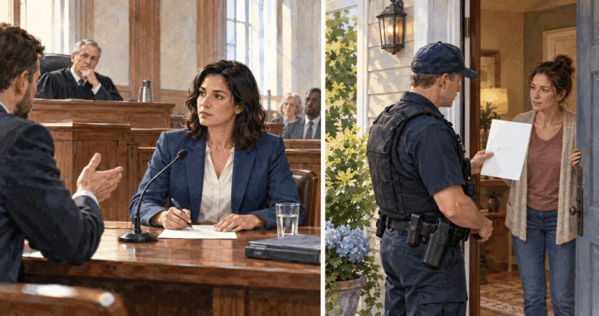 Conceptual painting contrasting a witness summons with an officer presenting court authorization.