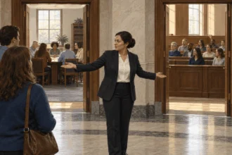 Conceptual painting showing two separate jury settings in a courthouse.
