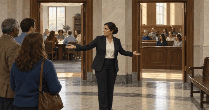 Conceptual painting showing two separate jury settings in a courthouse.