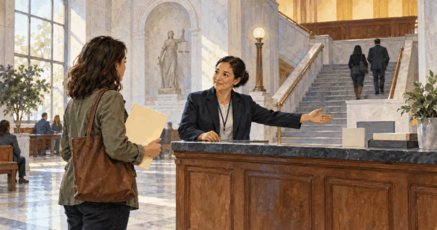 Conceptual painting of a courthouse clerk guiding a visitor to a filing counter.