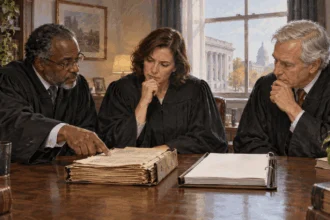 Judges compare an older case file with a newer one.