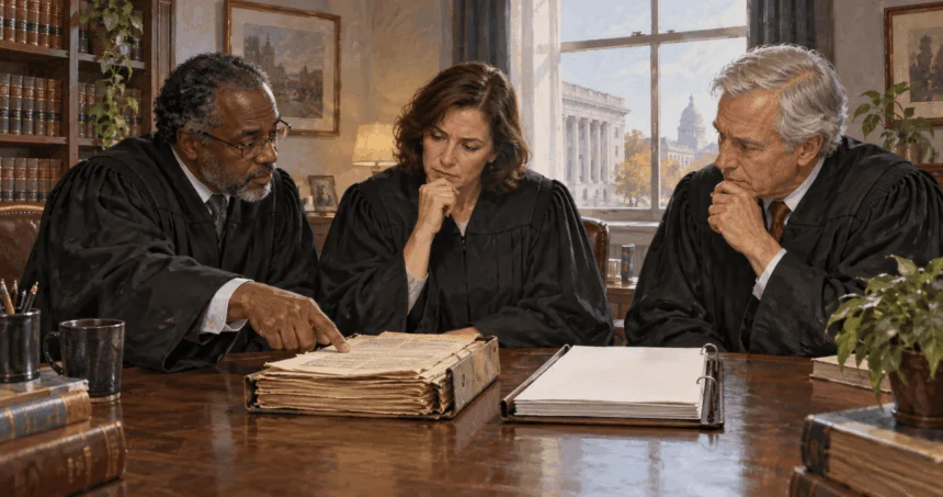Judges compare an older case file with a newer one.