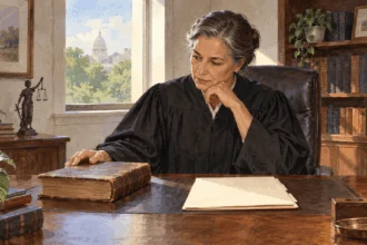 Conceptual painting of a judge comparing a precedent book with a case folder.