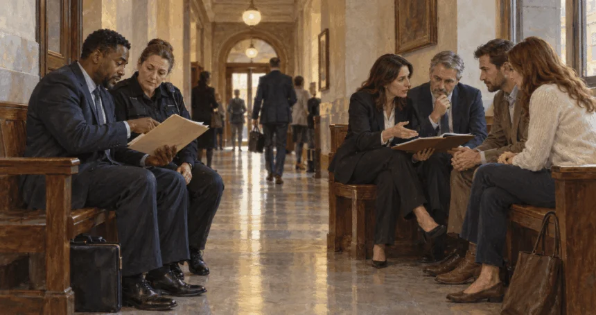 Separate public and private legal matters are discussed in a courthouse corridor.