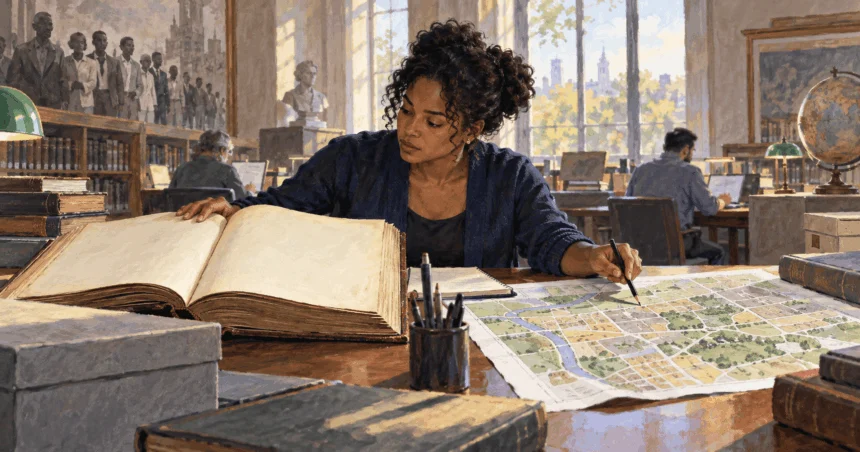 Painted illustration of a researcher comparing a historical legal volume with a neighborhood map in an archive.