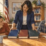 Conceptual painting of adult learners comparing three sources of American law.