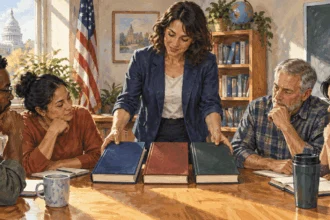 Conceptual painting of adult learners comparing three sources of American law.