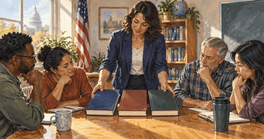 Conceptual painting of adult learners comparing three sources of American law.
