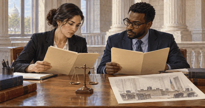 Conceptual painting of legal aides comparing civil and criminal case folders.