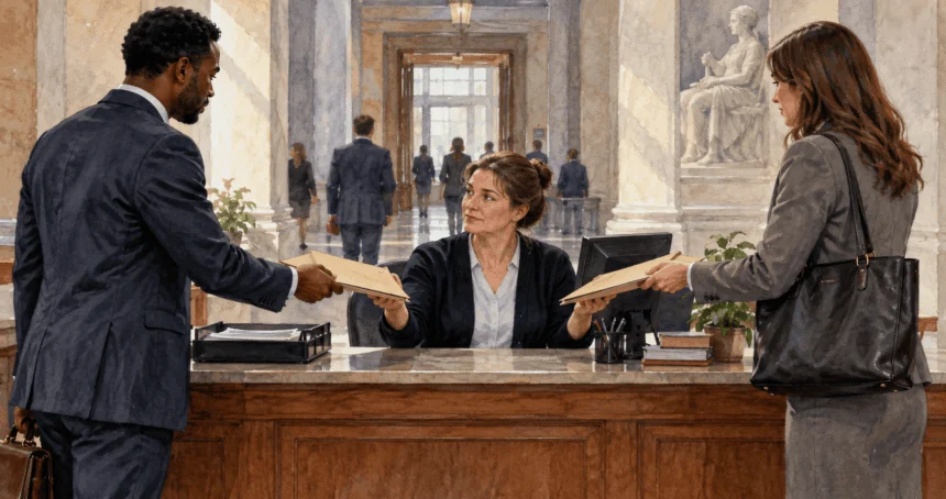 Conceptual watercolor of a court clerk considering two closed case folders.