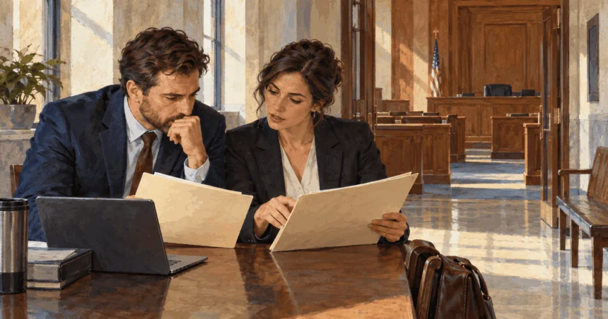Conceptual painting of civil lawyers reviewing motion folders outside an empty courtroom.