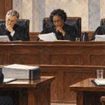 Appellate judges reviewing a trial record with counsel present.