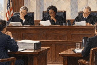 Appellate judges reviewing a trial record with counsel present.