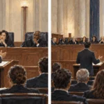 Conceptual two-scene painting of a three-judge panel and a larger appellate court.