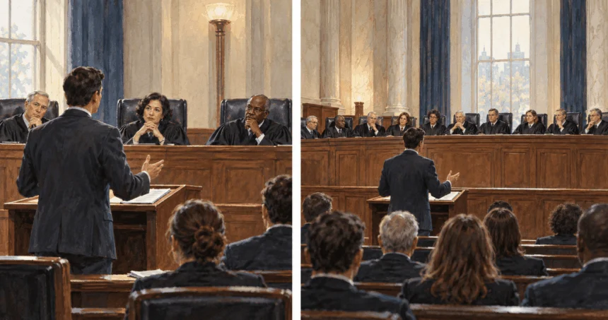 Conceptual two-scene painting of a three-judge panel and a larger appellate court.
